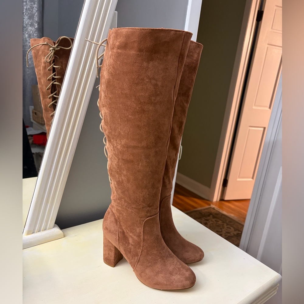 City Chic Wide Calf Brown Suede Knee-High Boots Lace Up